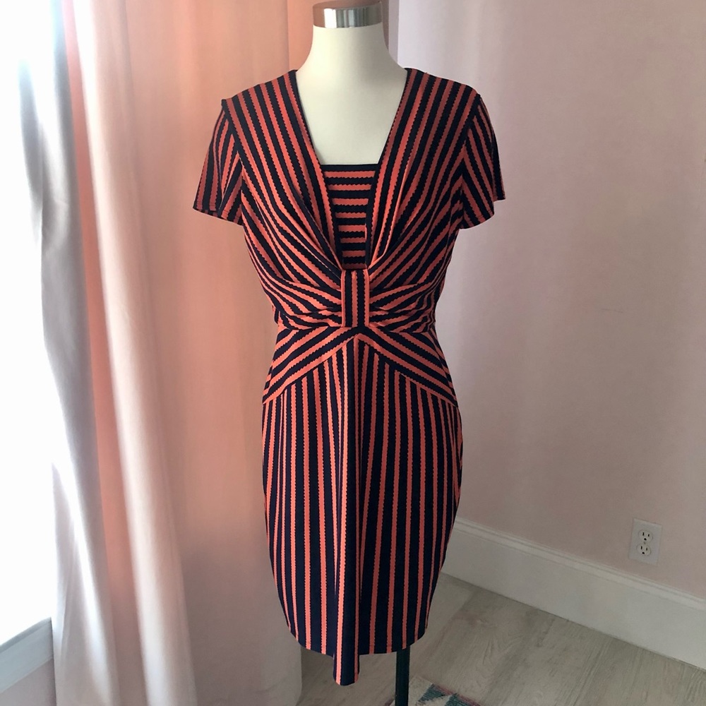 Taylor Brand Navy/Coral Stripe Short Sleeve Dress